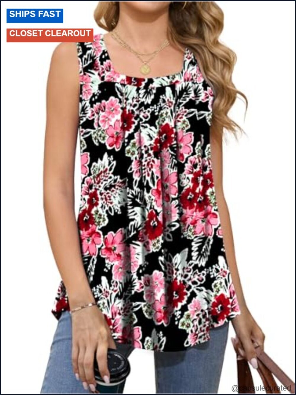 Square Neck Sleeveless Tank Top Pleated Curved Hem Loose Flowy Casual Blouse